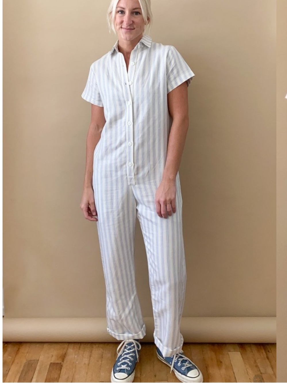 Jungmaven Stillwater Light Blue & White Striped Jumpsuit size medium
